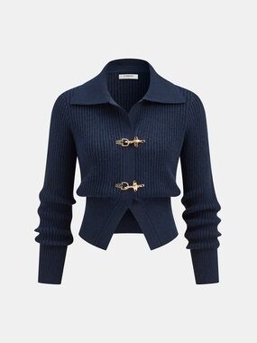 Commense Collared Metal Buckle Ribbed Cropped Sweater Size M